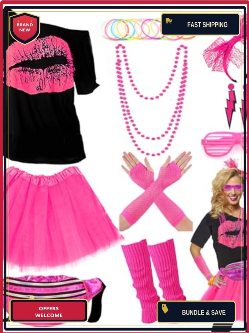 Women's 80s Costume Set 23-Piece T-Shirt Tutu Fanny Pack Leg Warmers